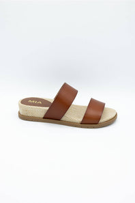 MIA Yelena Slide Sandals for Women in Cognac; Brown sandal with jute sole on a white background