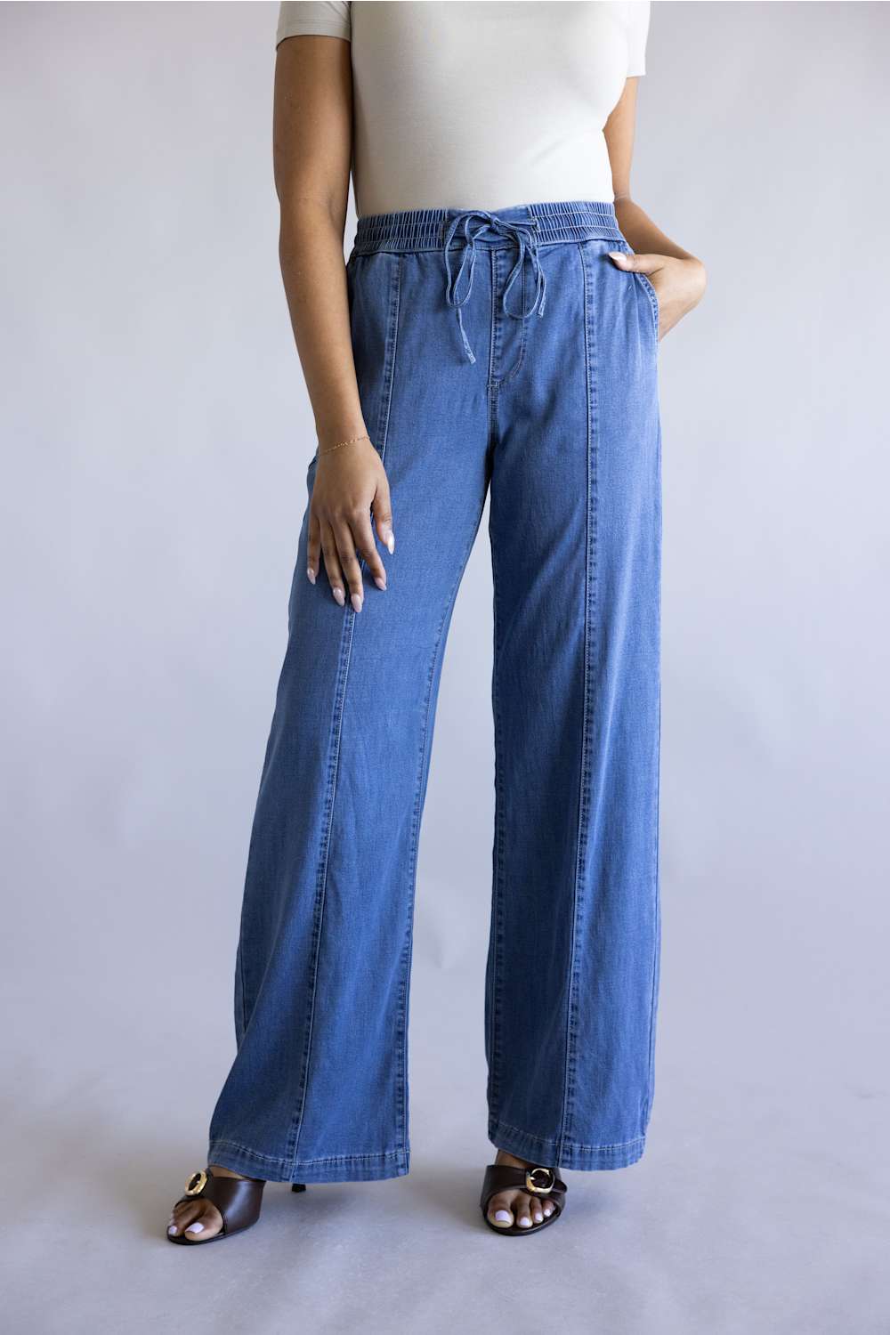Mica High Rise Drawstring Wide Leg Pants for Women in Denim | MDP