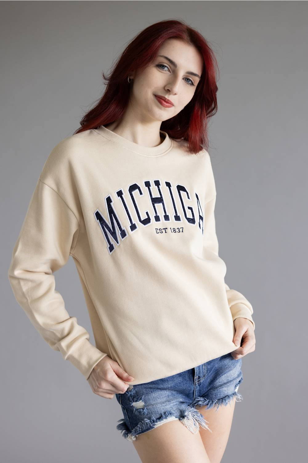 1897 Active Embroidered Michigan Fleece Sweatshirt for Women in Cream