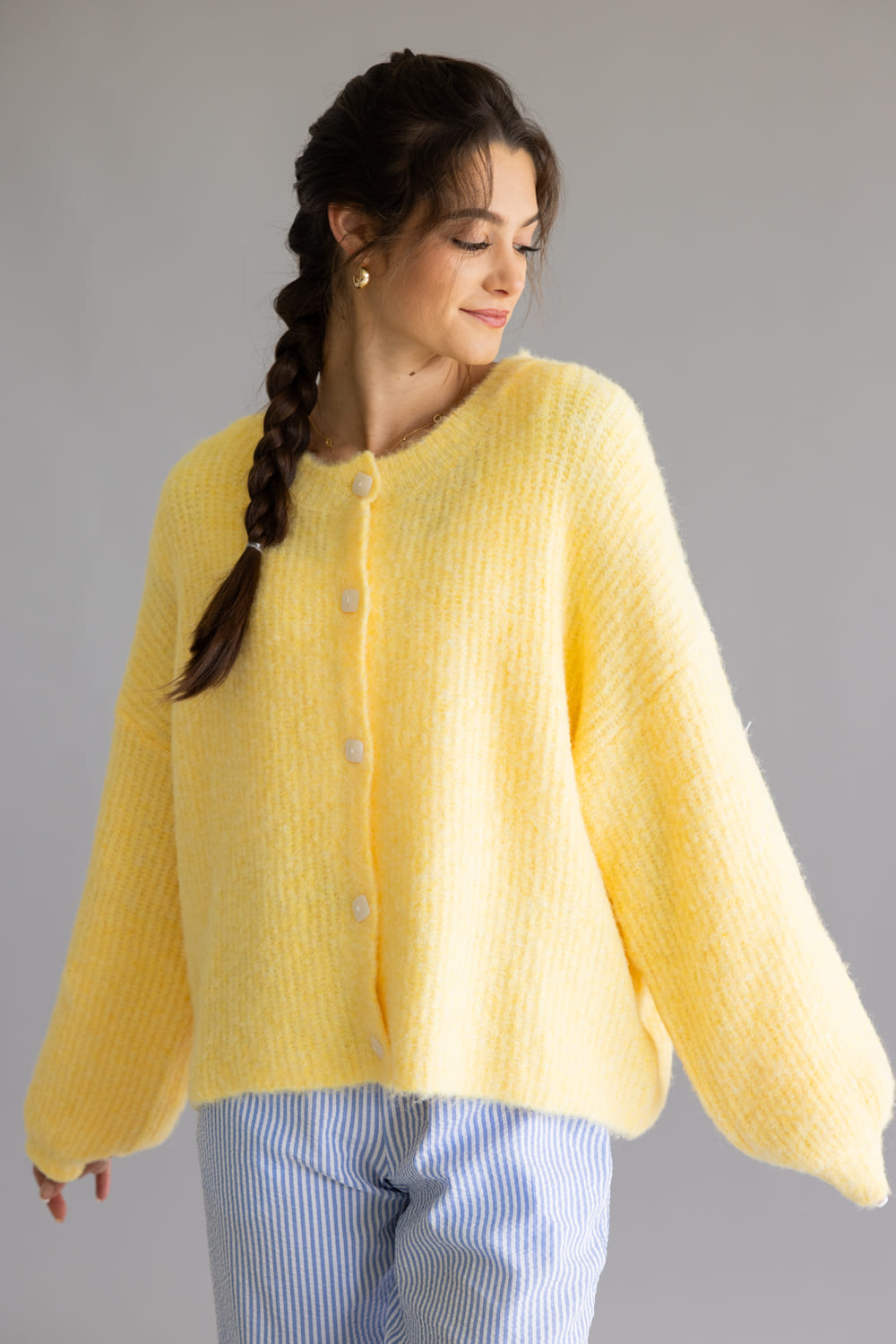 Mimosa Balloon Sleeve Knit Cardigan for Women in Yellow | MK7129