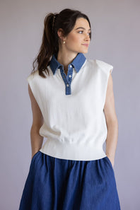 Elan Cap Sleeve Denim Accent Sweater for Women in White