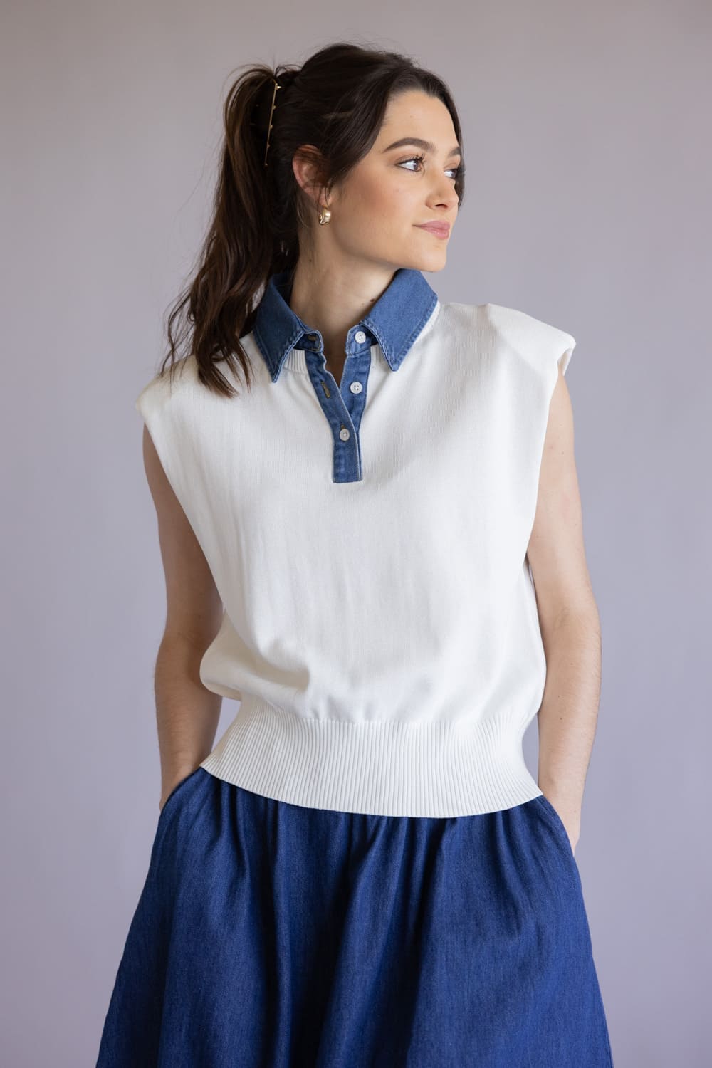 Elan Cap Sleeve Denim Accent Sweater for Women in White