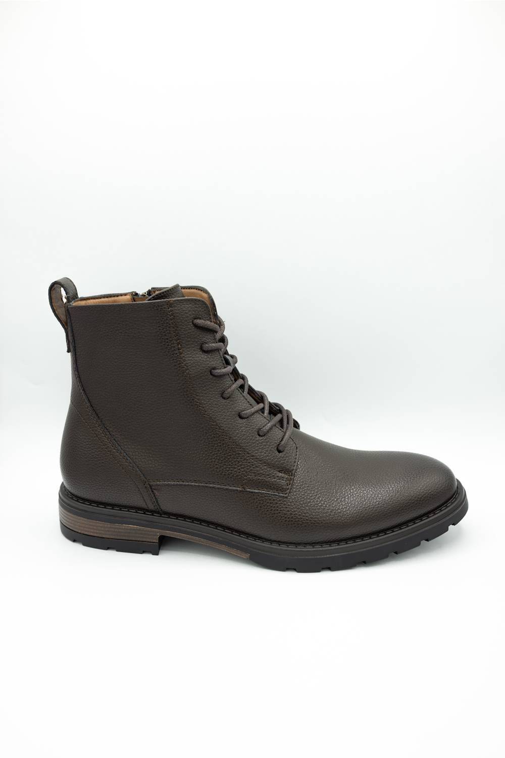 A dark brown leather lace-up ankle boot with a pull tab and a rugged sole, shown from a side profile on a white studio background.