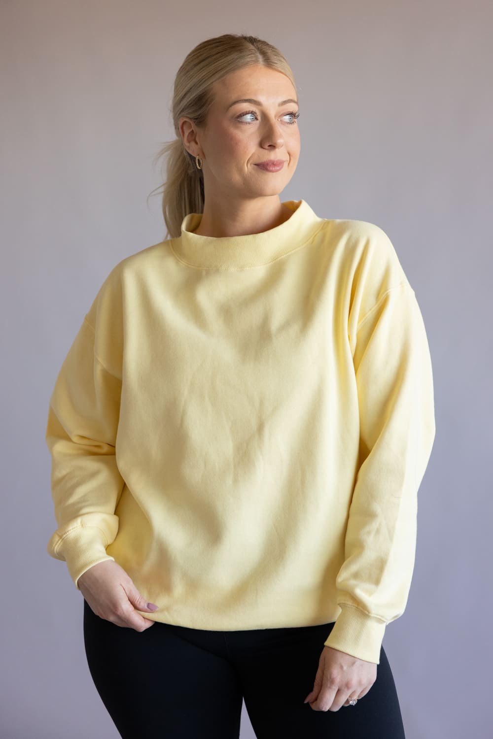 Oversized Mock Neck Pullover for Women in Butter Yellow | T3200-LTYELLOW