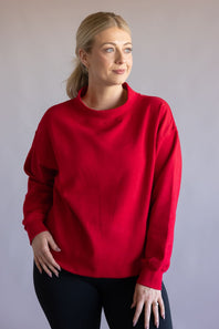 Mock Neck Oversized Fleece Pullover for Women in Red
