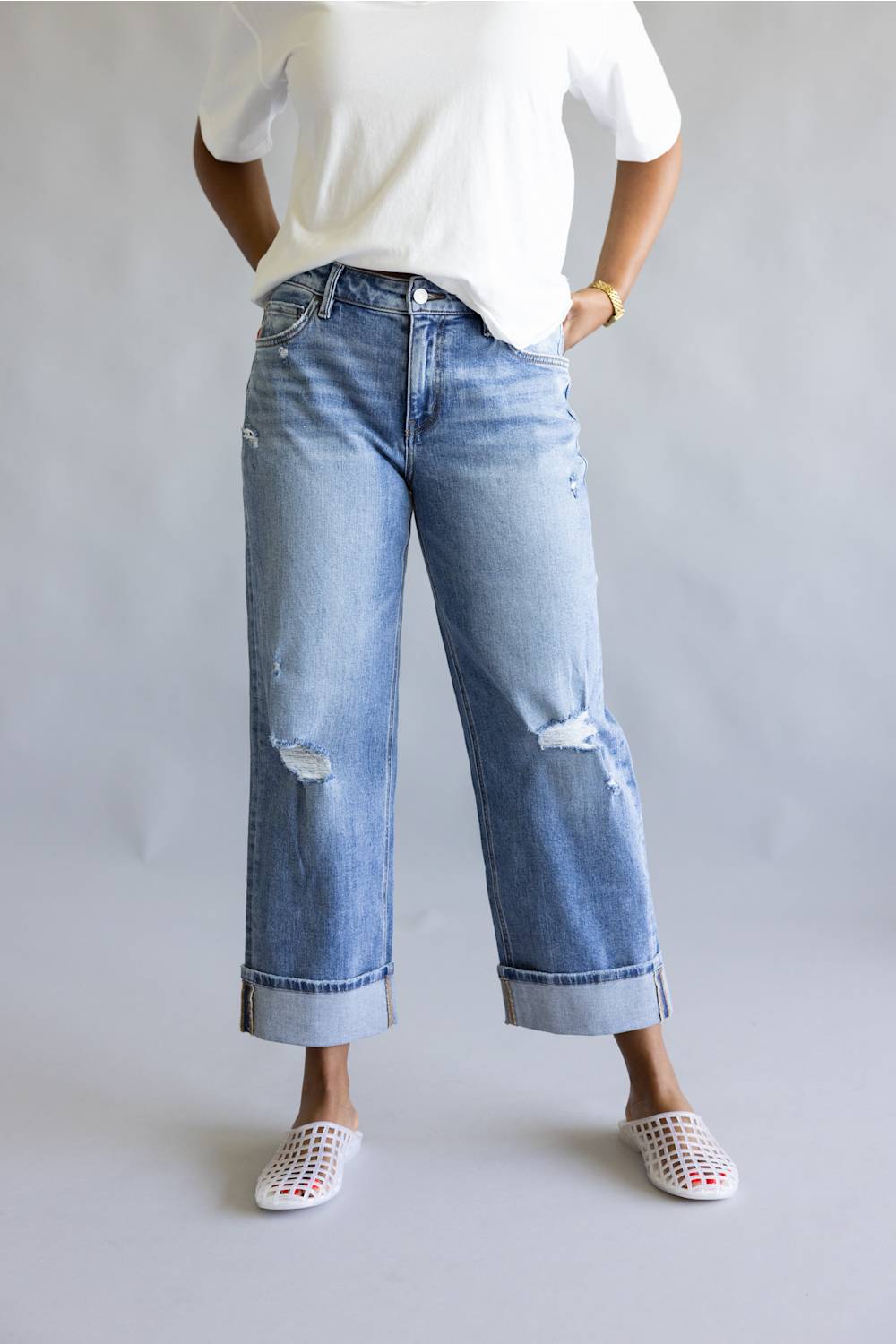 Vervet Mid Rise Cropped Straight Leg Cuff Jeans for Women