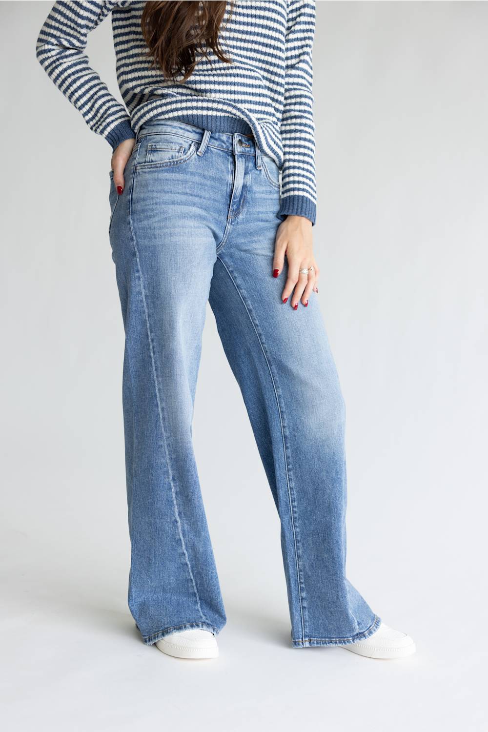 Flying Monkey Mid Rise Distressed Waistband Twisted Wide Leg Jeans for Women | F9197