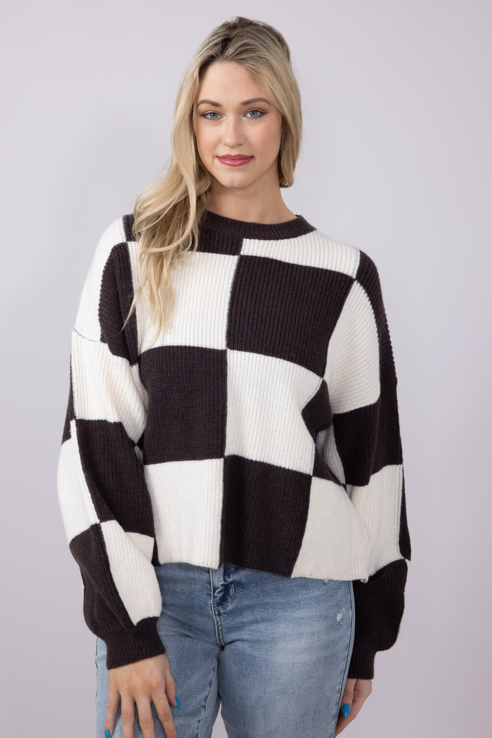 Checker Sweater for Women in Charcoal Brown | MSW1413-CHCBRN
