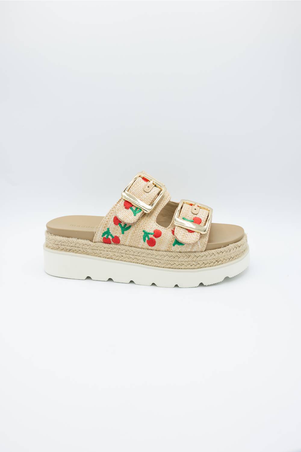 Madden Girl Mythical 2 Band Cherries Platform Sandals for Women in Sand