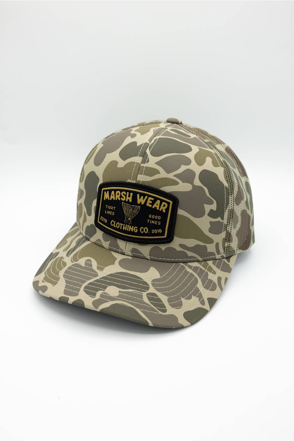 Marsh Wear Tight Lines Trucker Hat in Khaki Mallard Camo