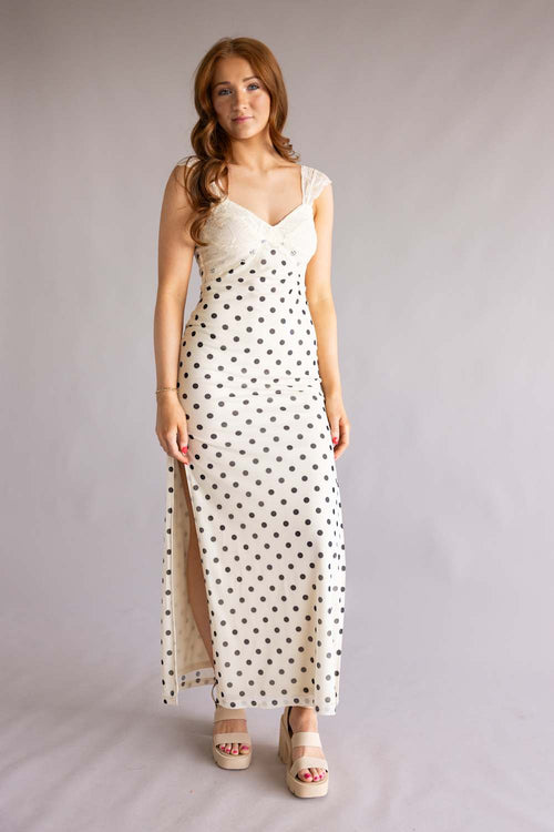 Mesh Polka Dot Lace Detail Maxi Dress for Women in Cream at Glik's , L Mesh Polka Dot Lace Detail Maxi Dress for Women in Cream at Glik's , L
