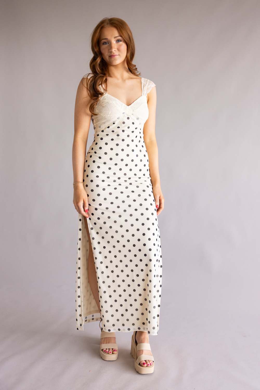 Mesh Polka Dot Lace Detail Maxi Dress for Women in Cream
