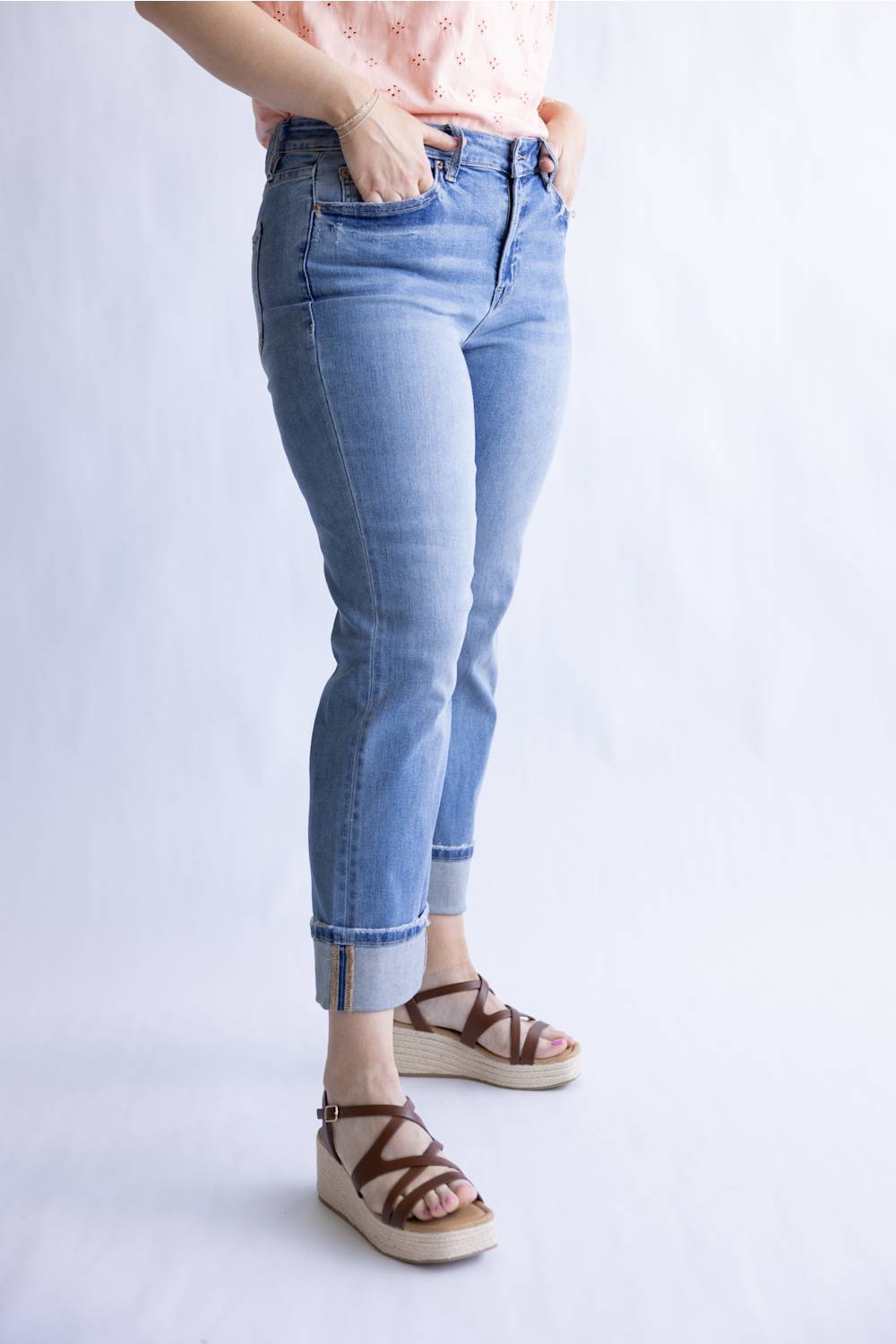 Mica Mid Rise Crop Straight Leg Cuffed Jeans for Women