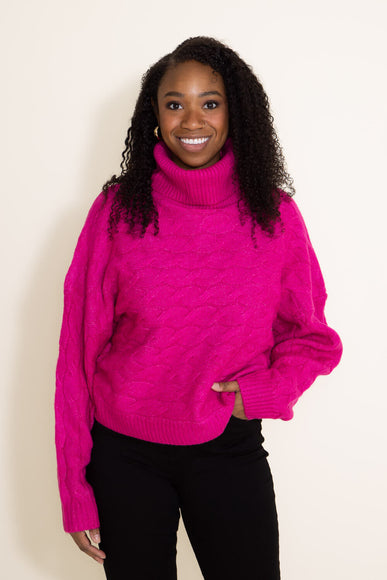 Miracle Clothing Braid Knit Turtleneck Cropped Sweater for Women in Pink