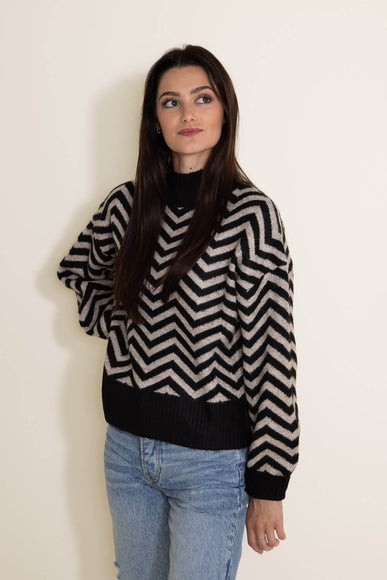 Miracle Clothing Chevron Mock Neck Sweater for Women in Black