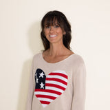Miracle Clothing Knit American Flag Heart Sweater for Women in Beige