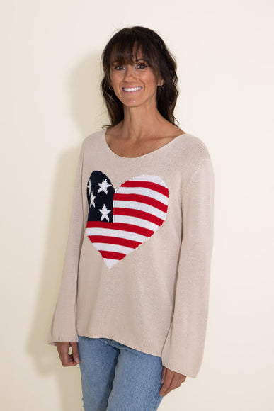 Miracle Clothing Knit American Flag Heart Sweater for Women in Beige