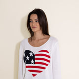 Miracle Clothing Knit American Flag Heart Sweater for Women in White