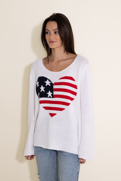 Miracle Clothing Knit American Flag Heart Sweater for Women in White
