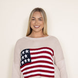 Miracle Clothing Knit American Flag Sweater for Women in Beige