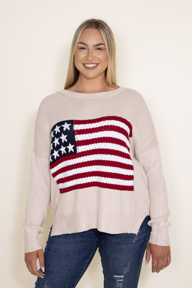 Miracle Clothing Knit American Flag Sweater for Women in Beige
