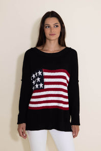 Miracle Clothing Knit American Flag Sweater for Women in Black