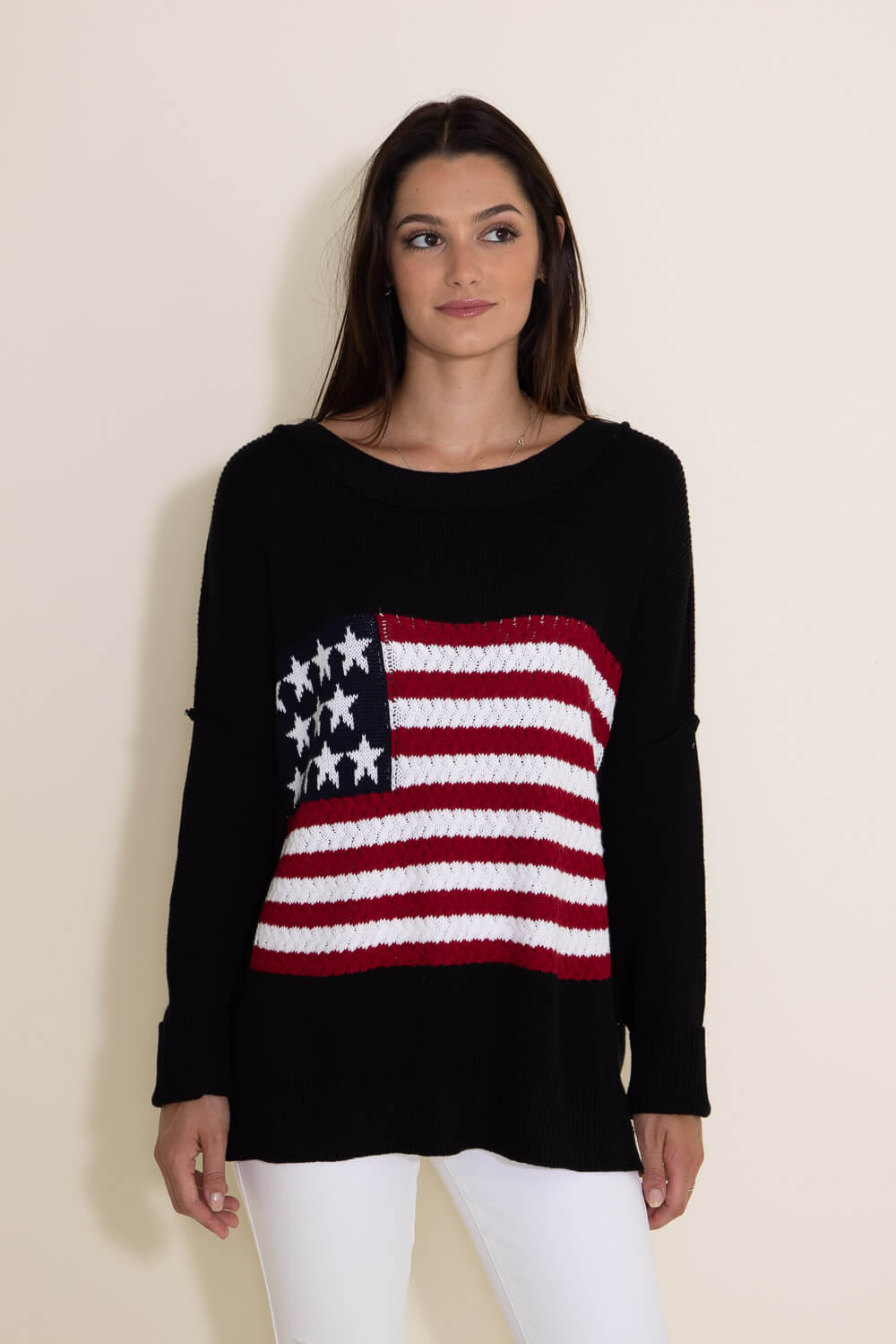 Miracle Clothing Knit American Flag Sweater for Women in Black