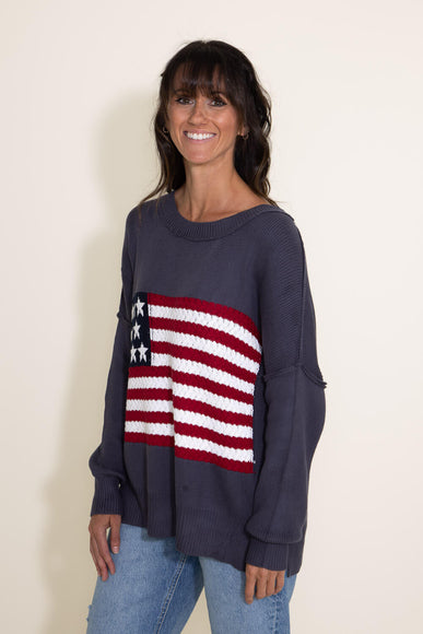 Miracle Clothing Knit American Flag Sweater for Women in Navy
