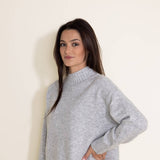 Miracle Clothing Mock Neck High Low Sweater for Women in Grey