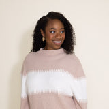 Miracle Clothing Stripe Mock Neck Sweater for Women in Beige White