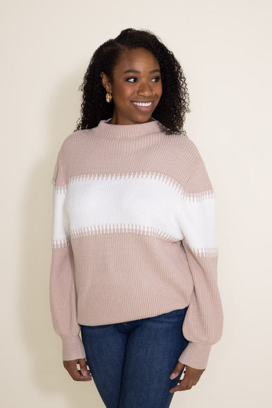 Miracle Clothing Stripe Mock Neck Sweater for Women in Beige White
