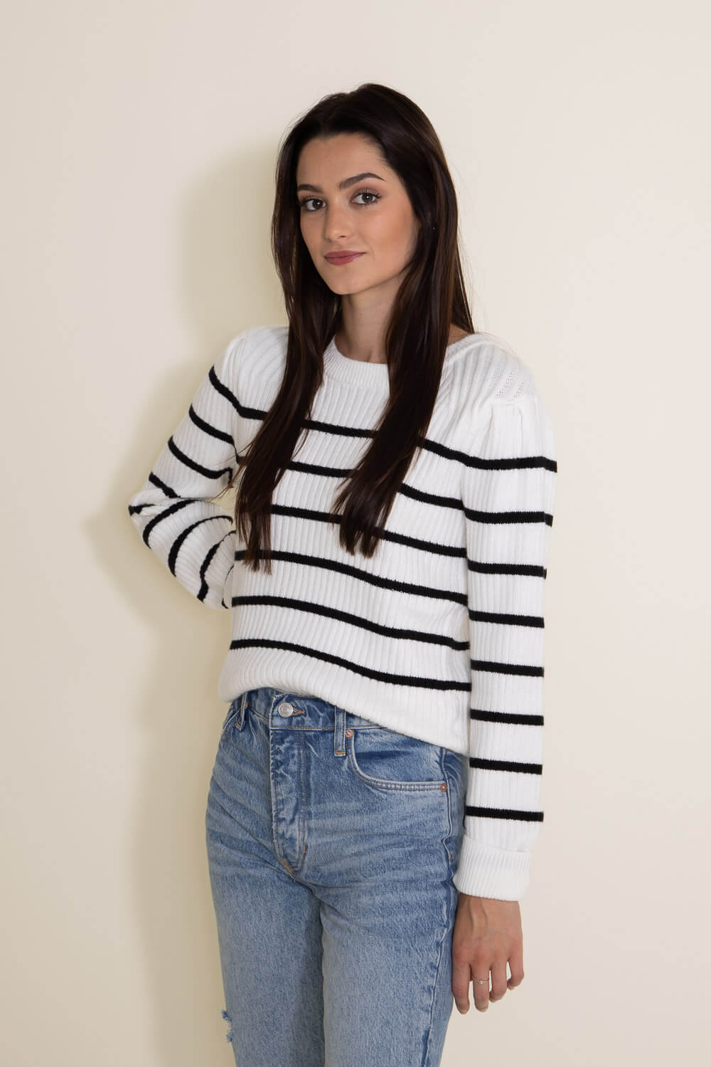 Miracle Striped Ribbed Knit Sweater for Women in White