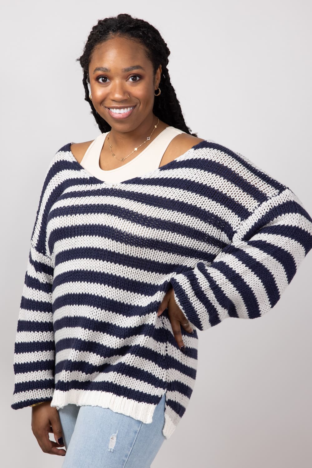 Miracle Striped V Neck Sweater for Women in Denim Combo | F183