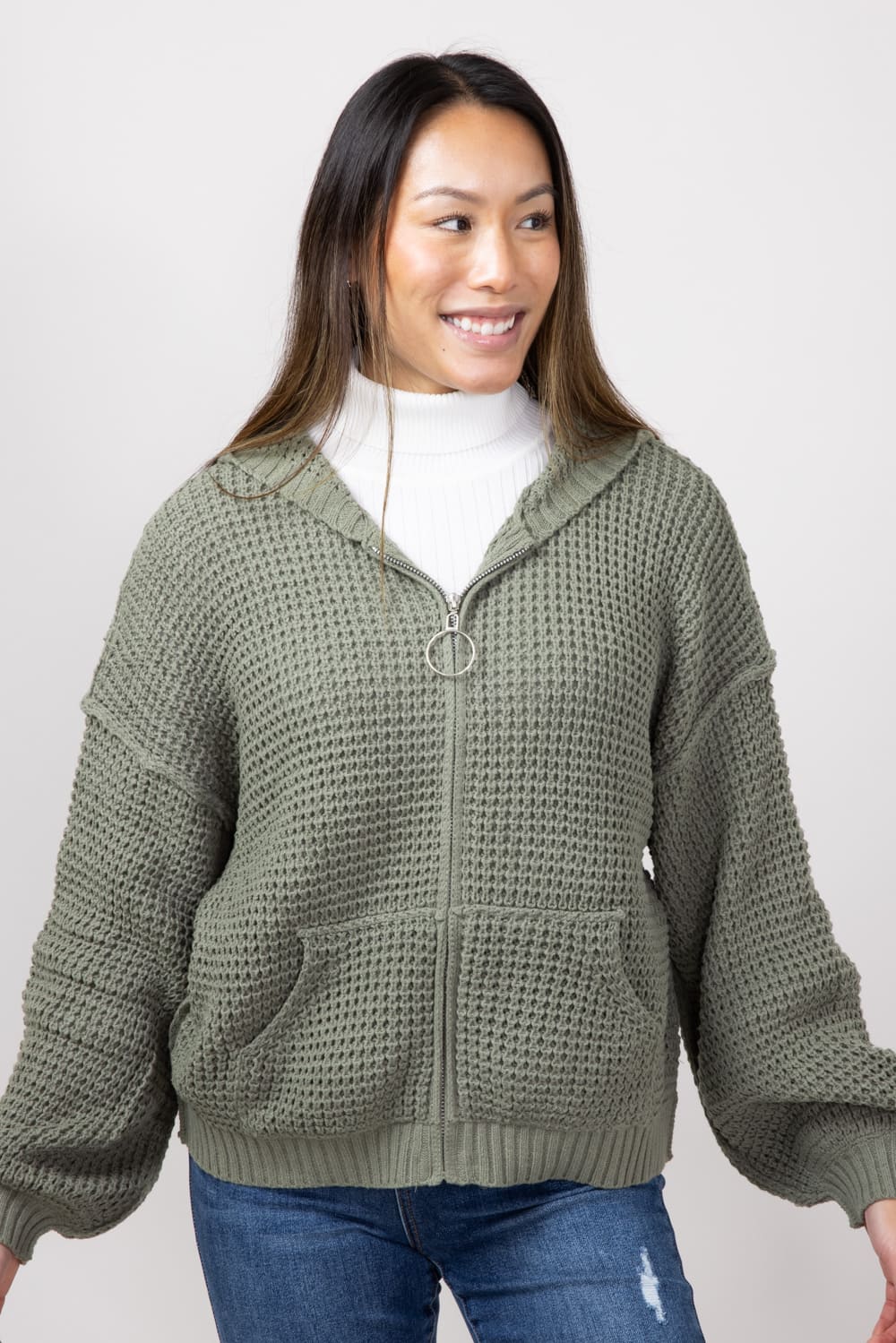 Miracle Textured Hooded Zip Sweater for Women in Sage