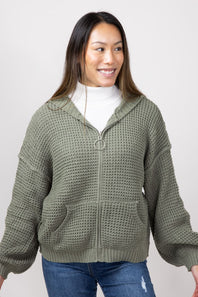 Miracle Textured Hooded Zip Sweater for Women in Sage