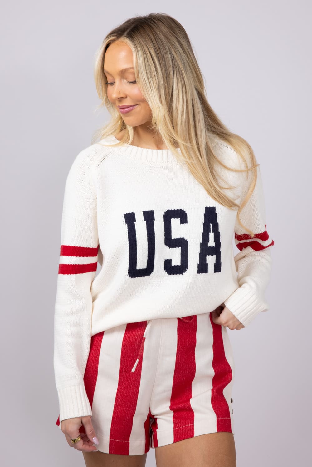 Miracle USA Tripe Sleeve Sweater for Women in Cream