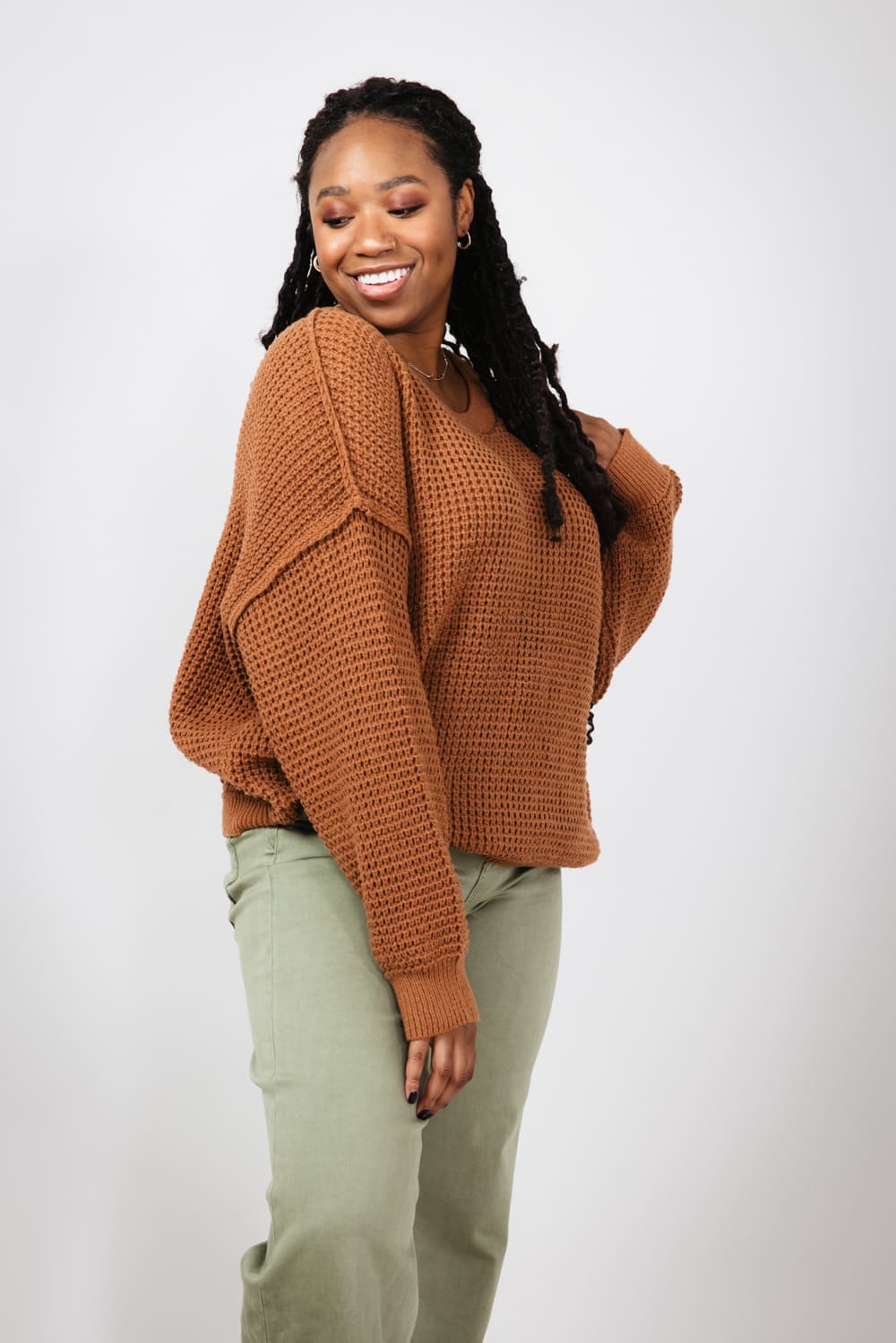 Miracle Waffle Cable Knit Sweater for Women in Camel