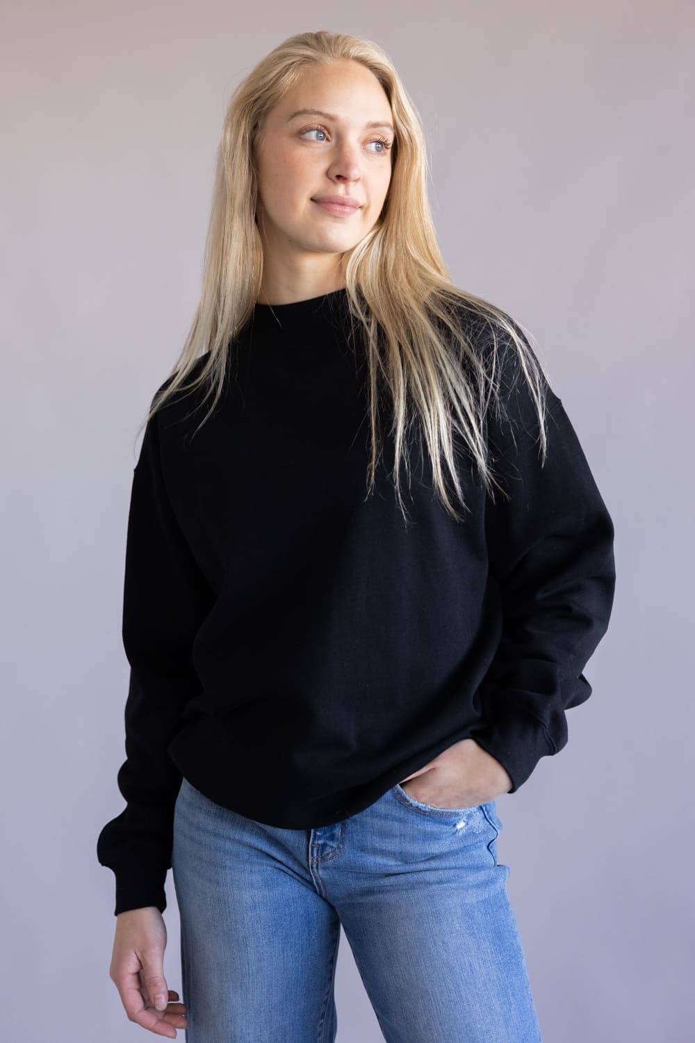 Mock Neck Oversized Fleece Pullover for Women in Black