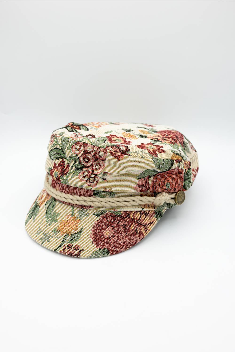 floral jacquard newsboy hat with rope detail on the brim