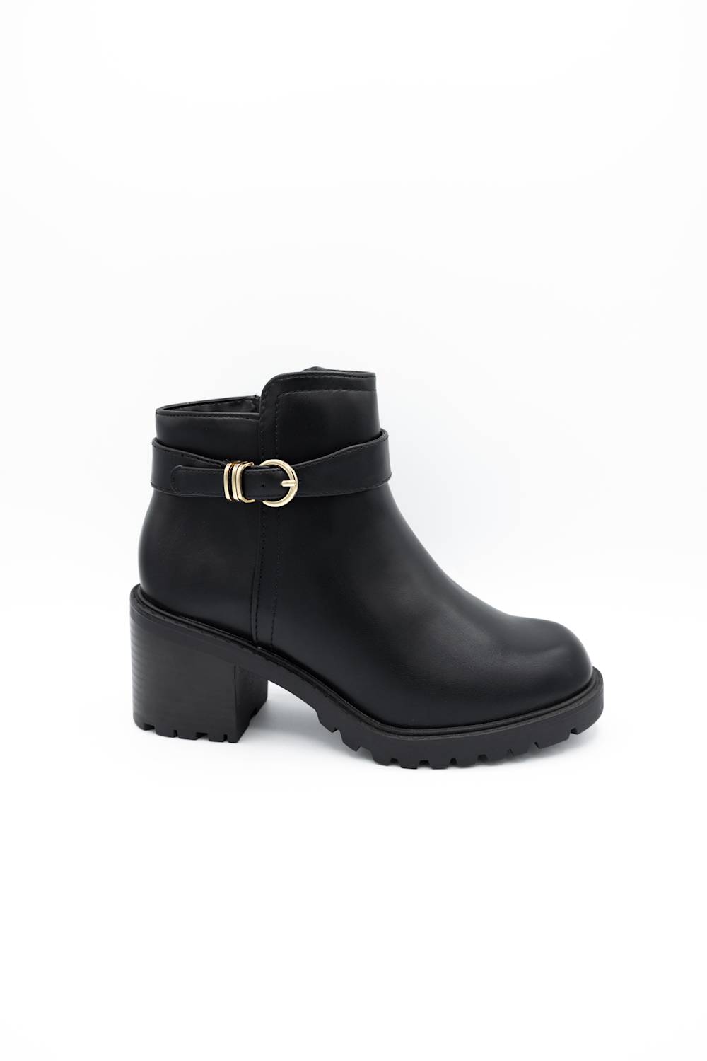 A pair of black leather ankle boots with chunky block heels, featuring a decorative strap with gold-tone buckles on the outer side and a side zipper, shown against a plain white background.

