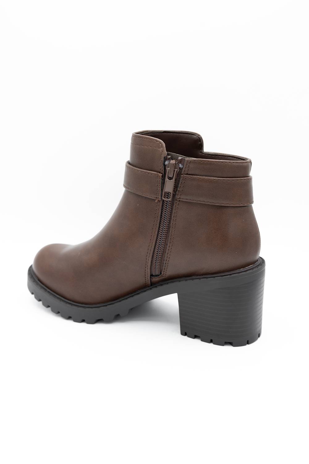 A brown faux-leather ankle boot with a side zipper, a matching strap detail, and a chunky black block heel, shown from a side profile on a white background.
