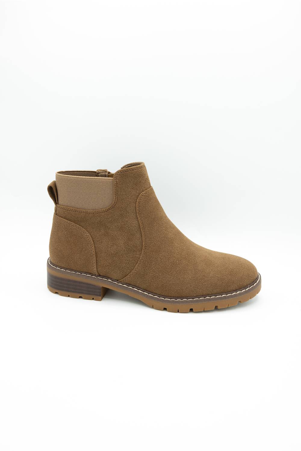 A single brown suede ankle boot with a low block heel and elastic side gore, shown from a side profile on a white background.