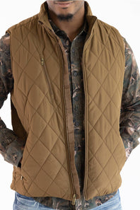 A man wearing a tan diamond-quilted zip-front vest over a camouflage long-sleeve shirt and blue jeans, shown from the lower face to the upper thighs on a white background.