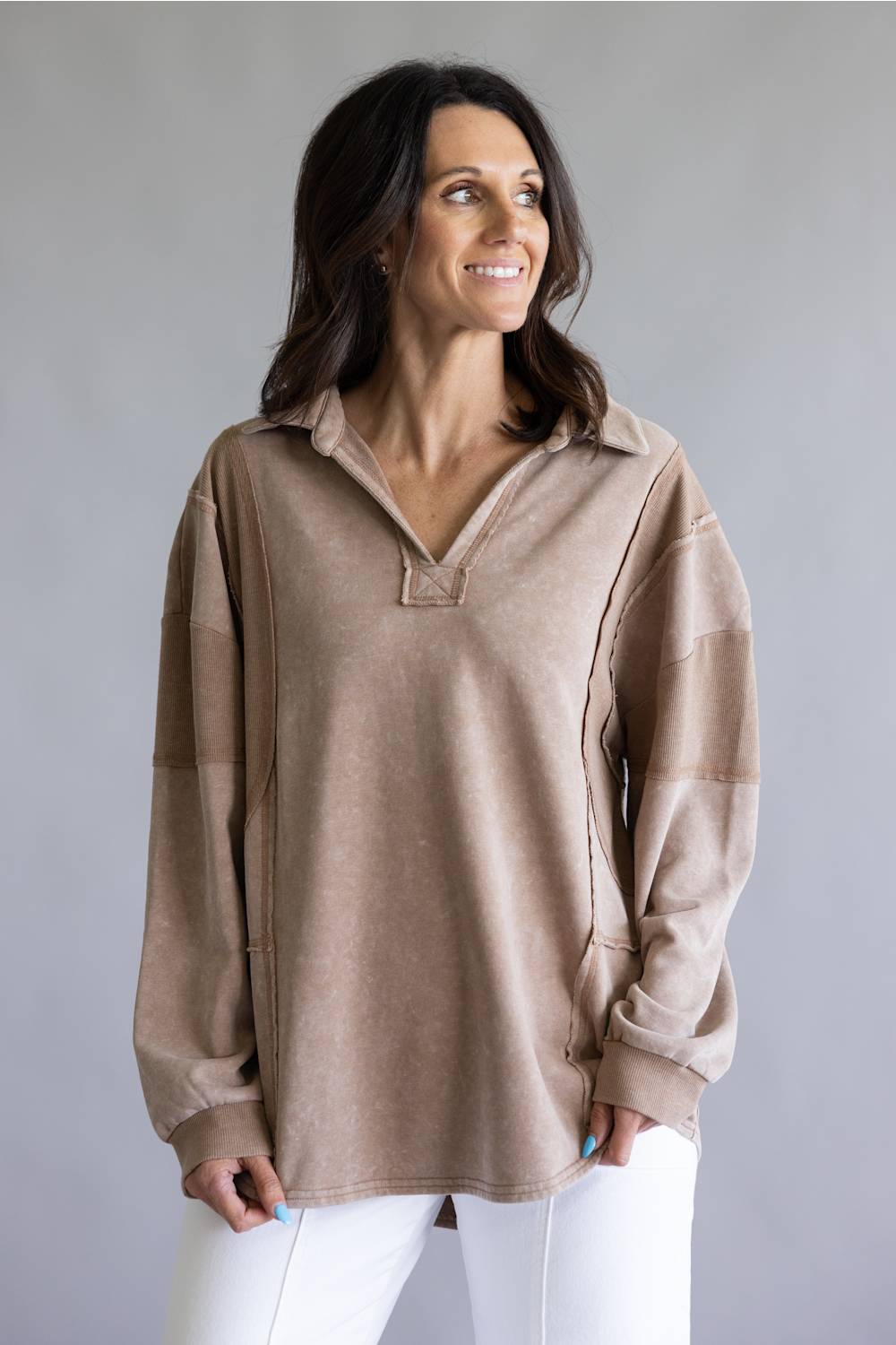 Mineral Wash Oversized French Terry Top for Women in Mocha