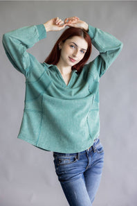 Mineral Wash Oversized French Terry Top for Women in Sage