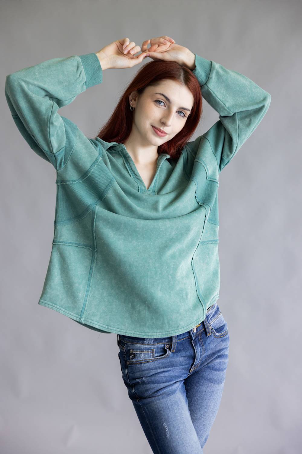 Mineral Wash Oversized French Terry Top for Women in Sage