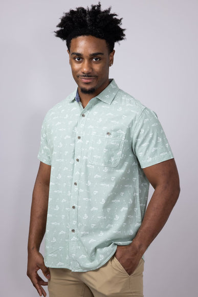 North River Chambray Fish Print Button Shirt for Men in Basil