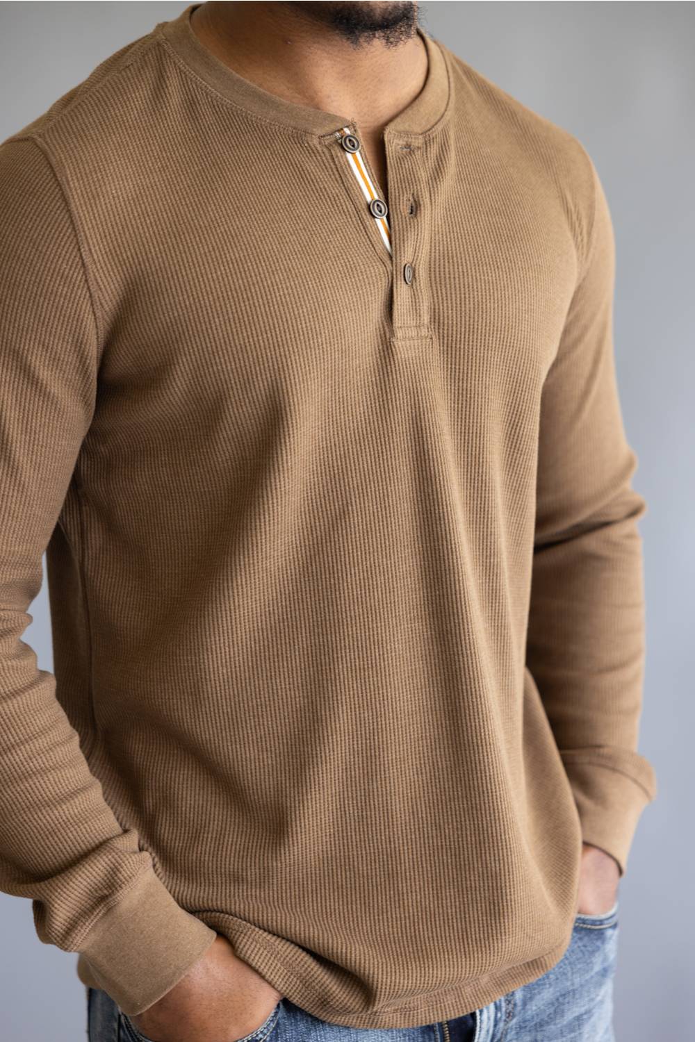 North River Waffle Henley Shirt for Men in Barn Heather