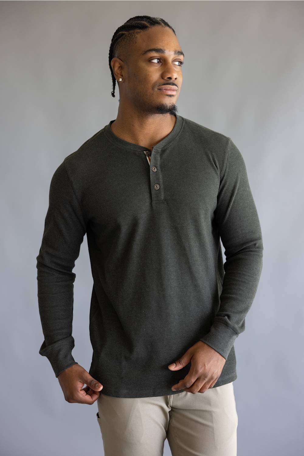 North River Waffle Henley Shirt for Men in Olive Heather