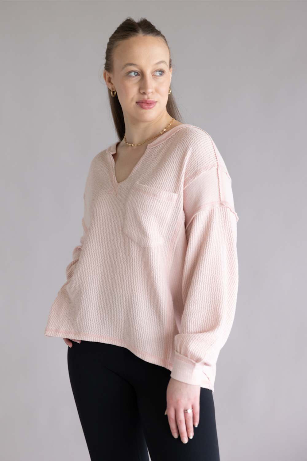 Blu Pepper Notched V Neck Knit Top Light Pink 